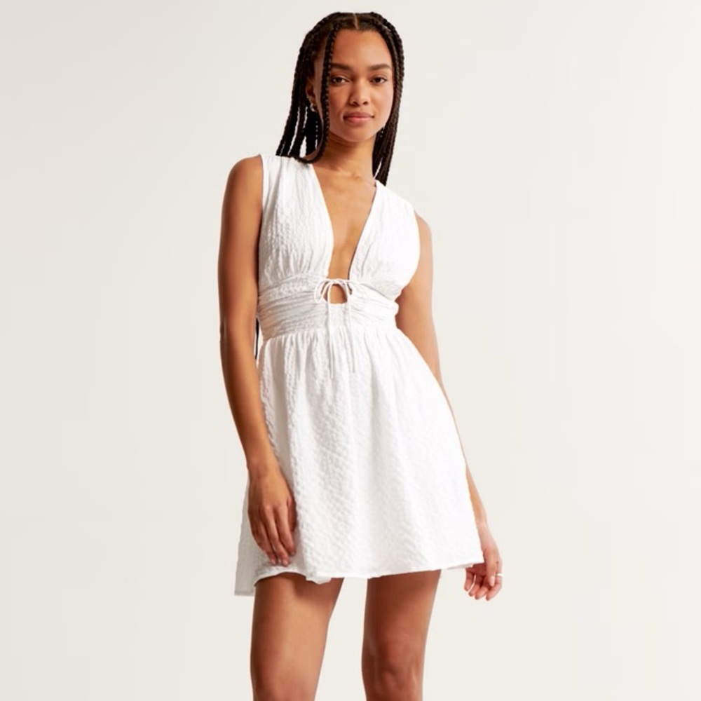 Tie-Front Textured Mini Dress in White